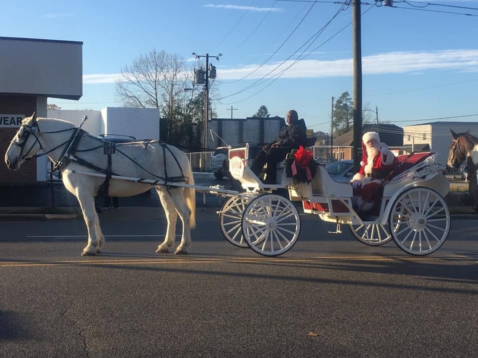 Santa Claus riding a white horse-drawn carriage in a Christmas parade